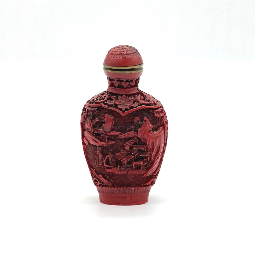 Vintage Carved Red Cinnabar Snuff Bottle Scenic Design